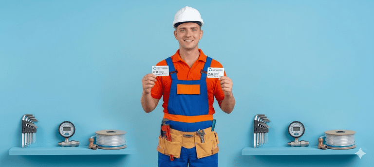 Certified Professionals in Washington plumbing technician showing credentials.
