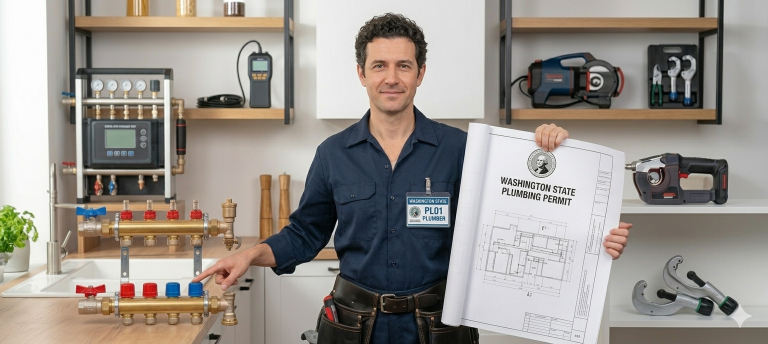 Expert man plumber verifying official permits to prevent construction liens in Washington.