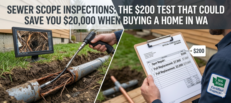 Sewer Scope Inspections in WA showing tree root damage and inspector tool with $20,000 savings title
