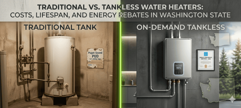 Comparison of Traditional vs. Tankless Water Heaters in Washington State Costs Lifespan Rebates title