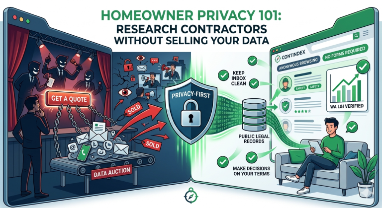 Infographic comparing data-selling lead-generation sites against the privacy-first Contindex model that allows anonymous research using public legal records.