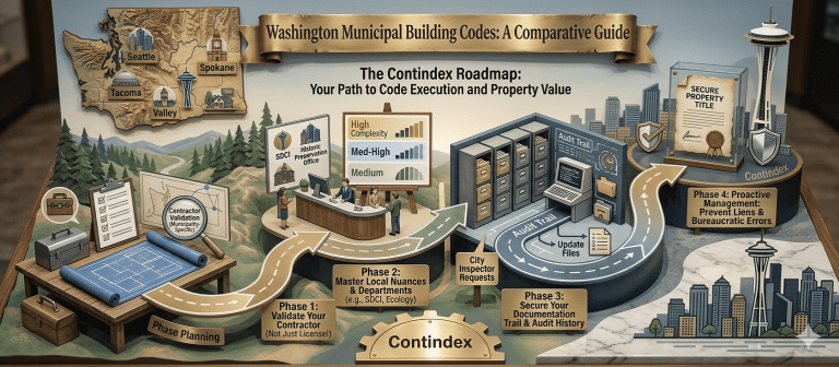 Contindex Project Roadmap workflow illustrating how to navigate Washington municipal building codes and secure property titles through a 4-phase audit trail.