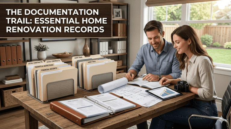 Homeowners reviewing essential home renovation records and construction documents.