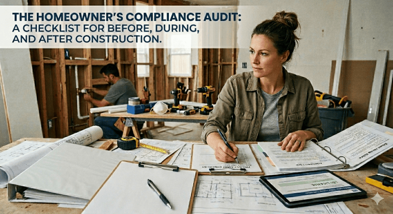 Homeowner performing a compliance audit with project documents and checklists during a home renovation