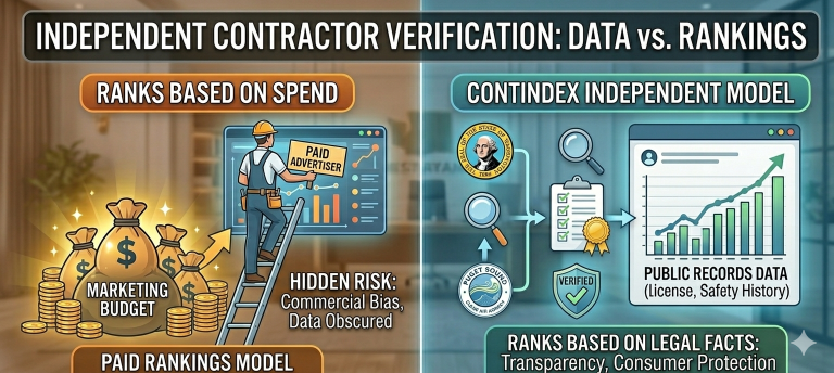 Infographic explaining independent contractor verification by comparing paid rankings based on marketing budgets versus the Contindex data model.