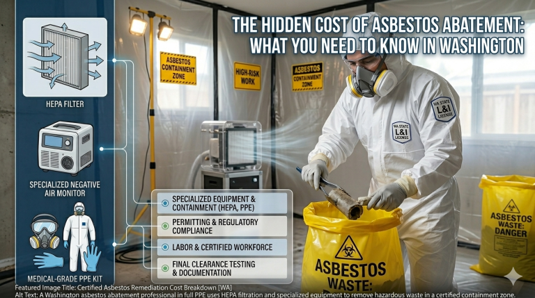 Washington asbestos abatement professional wearing full PPE and using HEPA filtration in a certified containment zone, highlighting the costs of specialized remediation equipment.