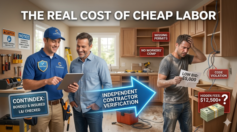 Infographic explaining independent contractor verification by comparing a licensed contractor's real-time data status versus an unverified worker's hidden risks and fees.