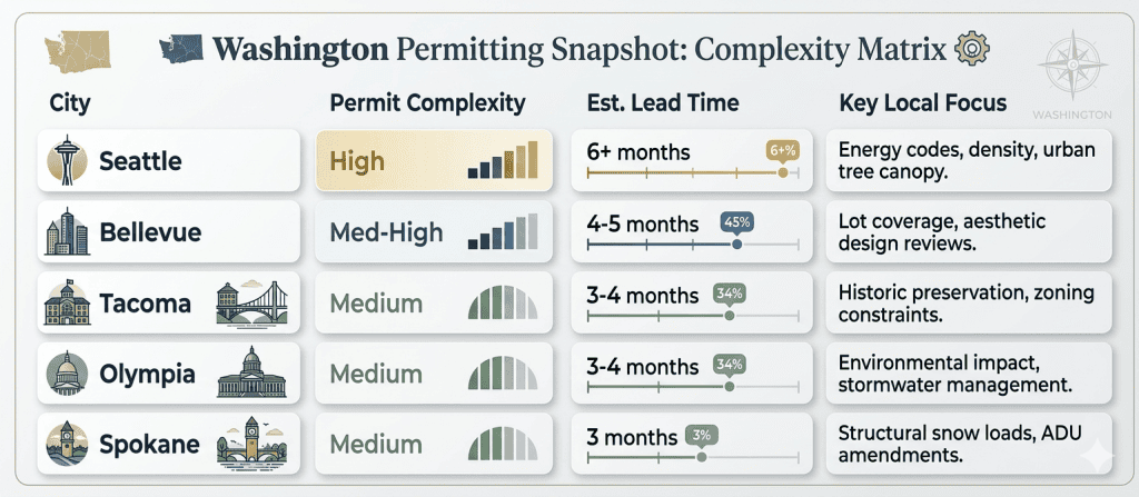 Washington State municipal building permit complexity matrix comparing Seattle, Bellevue, Tacoma, Olympia, and Spokane by lead time and key regulatory focus.