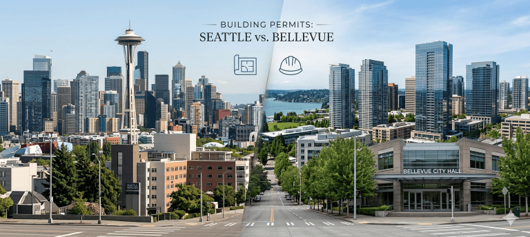 Building permits in Washington: Comparison of the permit processes in Seattle and Bellevue, featuring the Seattle skyline and Bellevue City Hall.