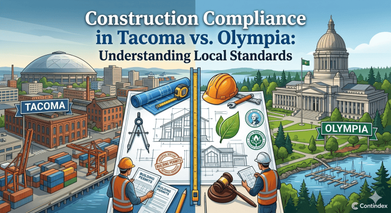 Professional reviewing residential building permits for construction compliance in Tacoma and Olympia, Washington.