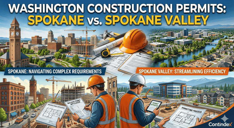 Comparison of Washington construction permits in Spokane and Spokane Valley showing construction professionals reviewing blueprints.