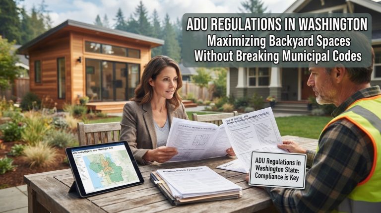 Homeowner and contractor reviewing municipal zoning documents and blueprints under ADU regulations in Washington.