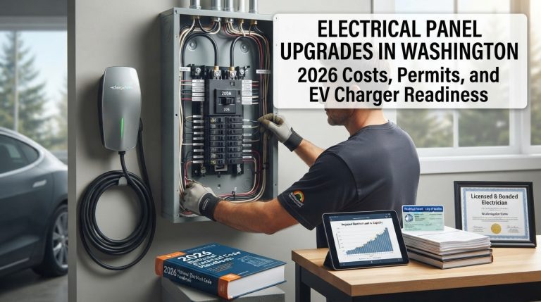 Electrician performing professional electrical panel upgrade for EV charger readiness in a Washington home.