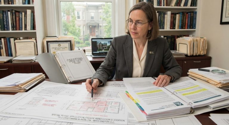 Architectural historian reviewing historic preservation guidelines and special permit blueprints for Washington home renovations.