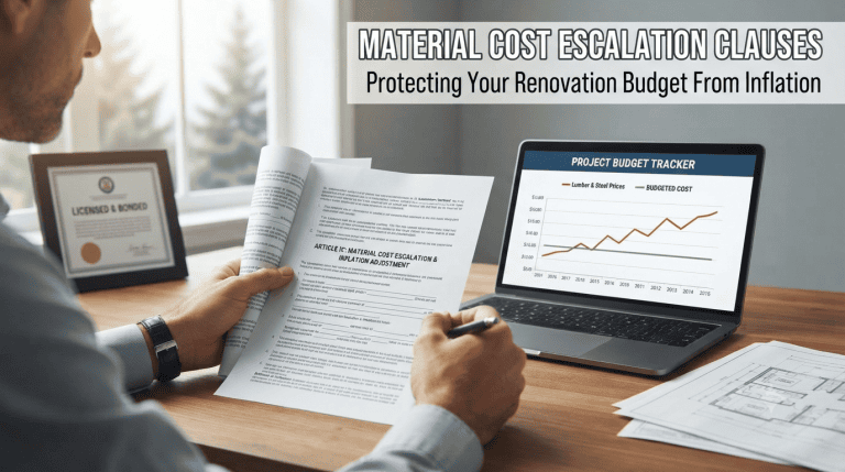 Homeowner reviewing material cost escalation clauses on architectural blueprints.
