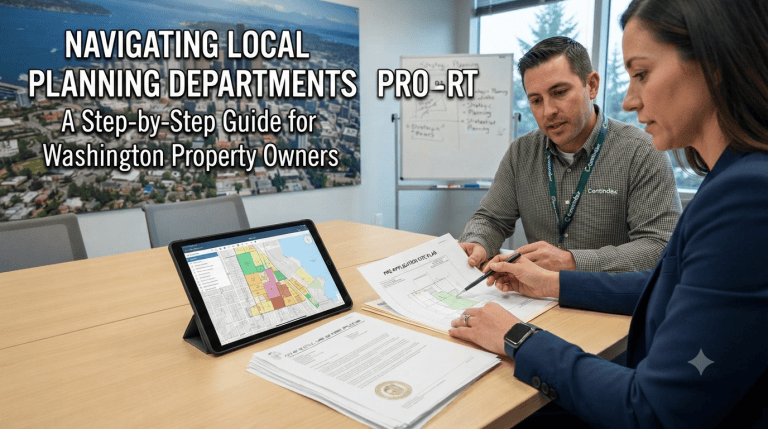 Washington property owner reviewing municipal documents while navigating local planning departments.