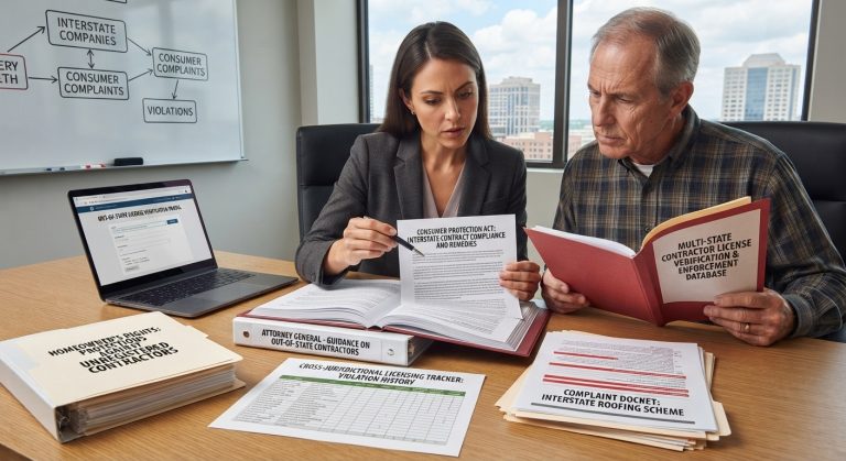 Consumer protection legal documents and cross-state contractor licensing files reviewed to prevent out of state contract fraud.
