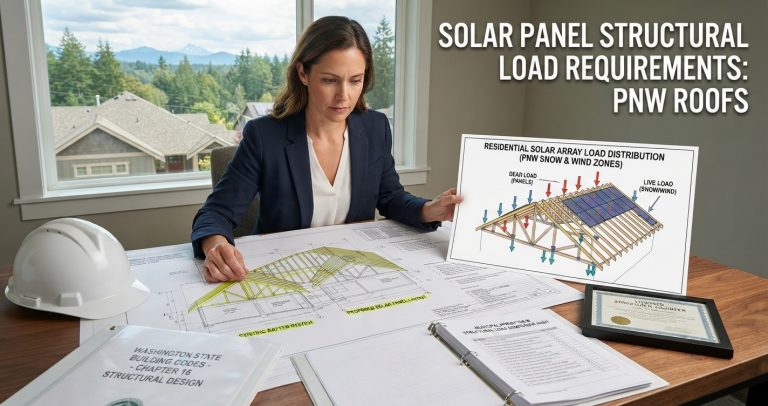 Structural engineer reviewing roof framing plans and solar panel structural load specifications to verify compliance in Washington State.