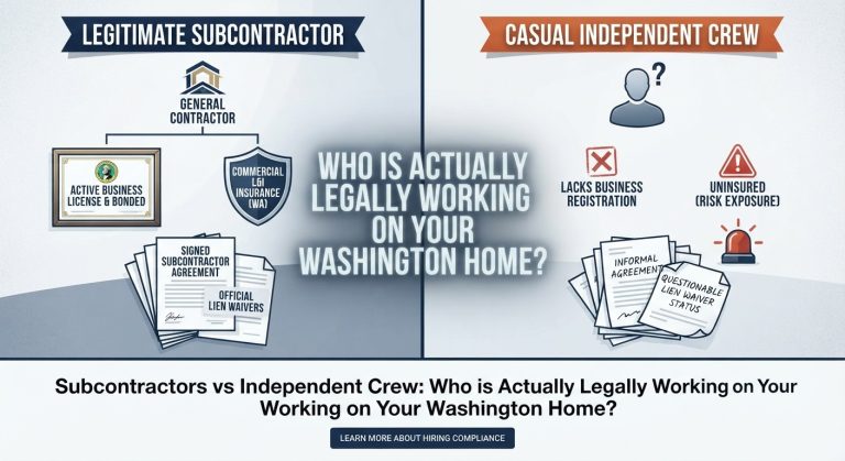 Homeowner reviewing subcontractors vs independent crew credentials and agreements to verify legal labor compliance in Washington State.