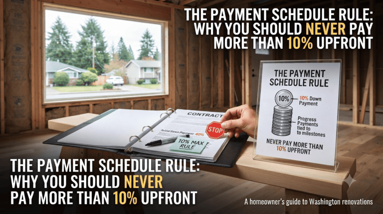 Homeowner contract showing the payment schedule rule to avoid paying more than 10% upfront.