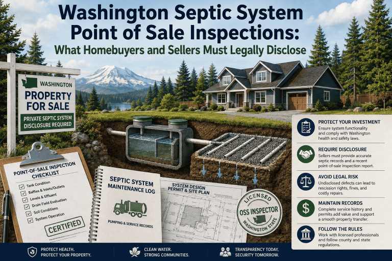Septic system inspection and county compliance records reviewed during a Washington residential property transfer.