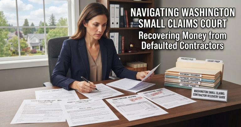 Homeowner reviewing legal documents and small claims court paperwork to recover money from a defaulted contractor in Washington.